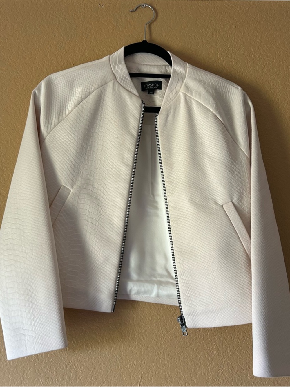 Women's Topshop Cream Textured (Crocodile) Scuba Bomber Jacket - US 2